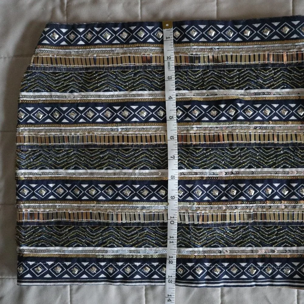 Navy, White, and Gold Sequined and Beaded Striped Mini Skirt - Picture 6 of 10